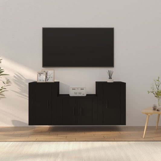 TV cabinet set, 3 pieces, black, engineered wood