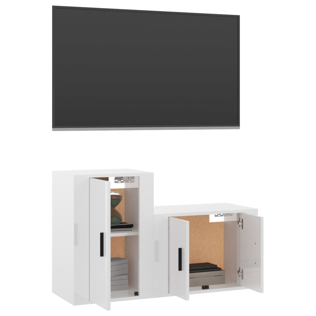 TV cabinet set, 2 pieces, high-gloss white, engineered wood