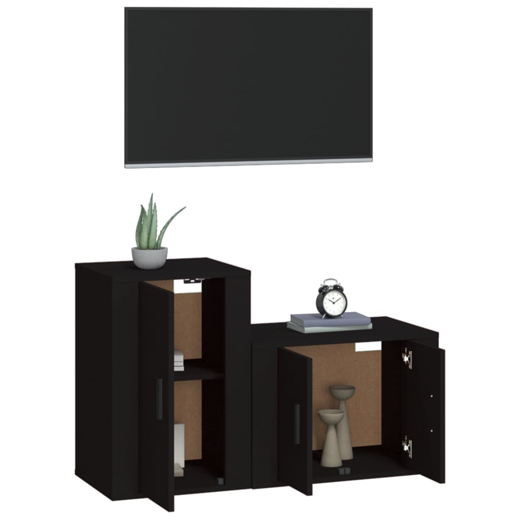 TV cabinet set, 2 pieces, black, engineered wood