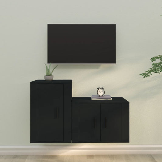 TV cabinet set, 2 pieces, black, engineered wood