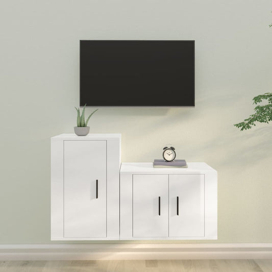 TV cabinet set, 2 pieces, high-gloss white, engineered wood