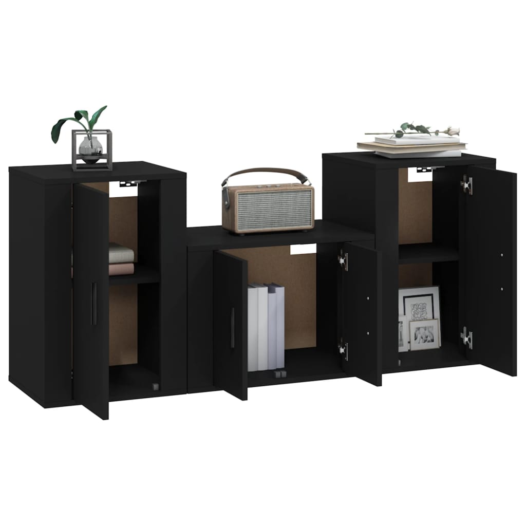 TV cabinet set, 3 pieces, black, engineered wood