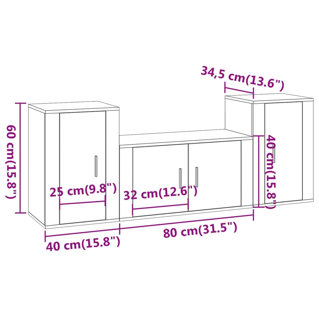 TV cabinet set, 3 pieces, high-gloss white, engineered wood