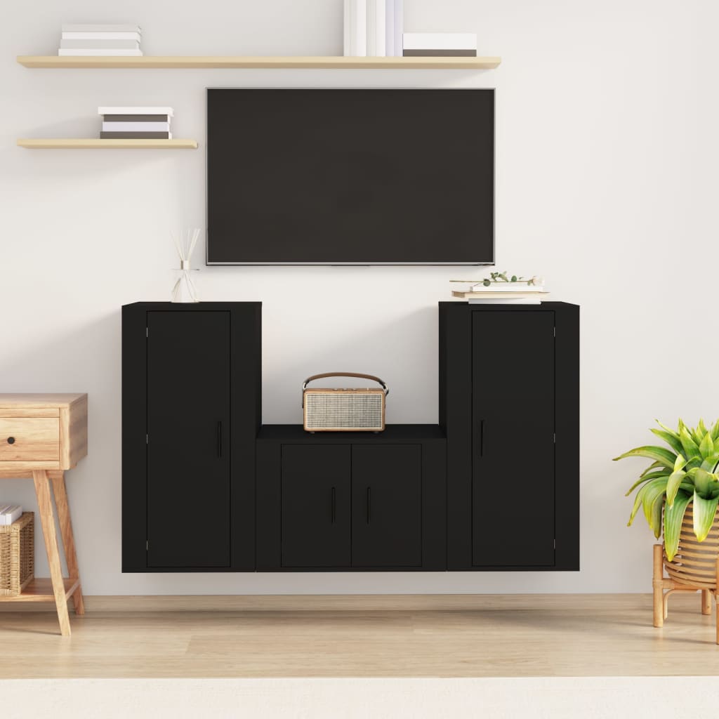 TV cabinet set, 3 pieces, black, engineered wood