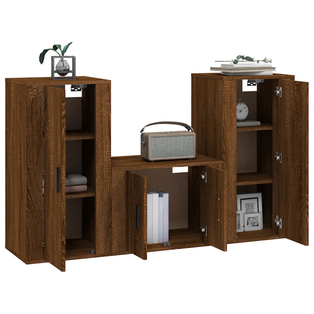 TV cabinet set, 3 pieces, brown oak, engineered wood