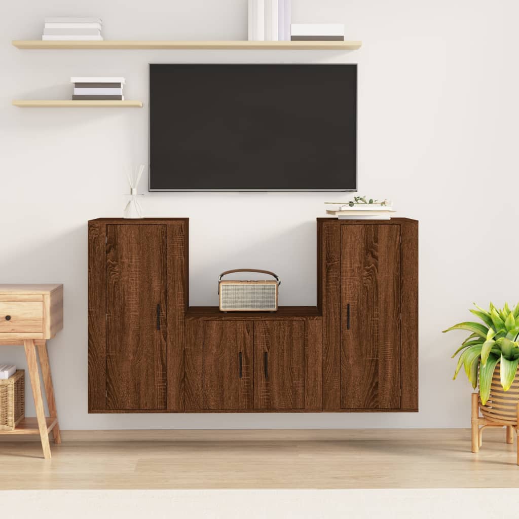 TV cabinet set, 3 pieces, brown oak, engineered wood