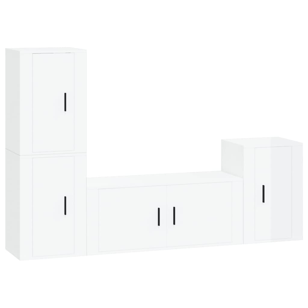 TV cabinet set, 4 pieces, high-gloss white, engineered wood