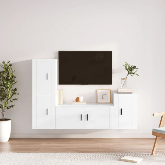 TV cabinet set, 4 pieces, high-gloss white, engineered wood