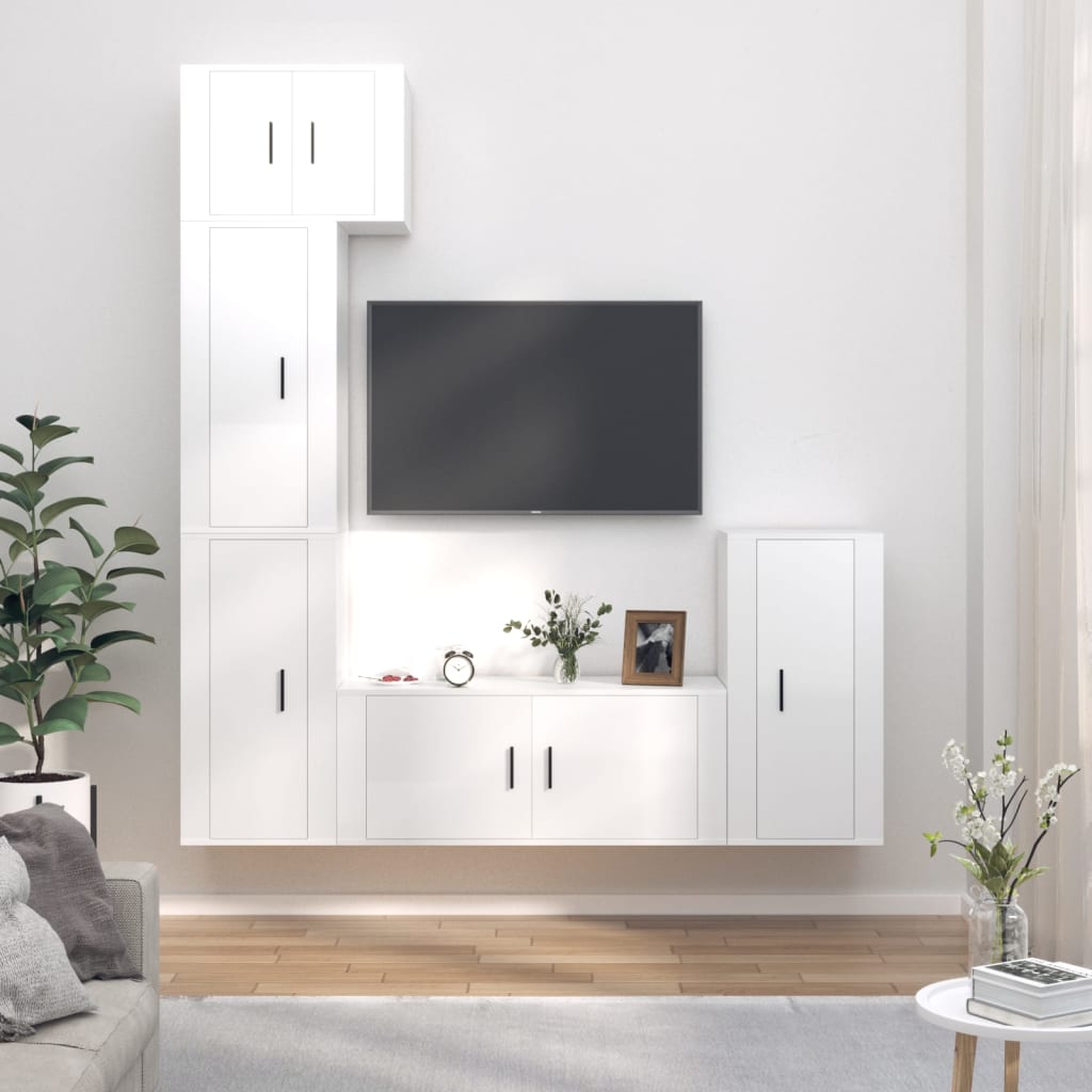 TV cabinet set, 5 pieces, high-gloss white, engineered wood