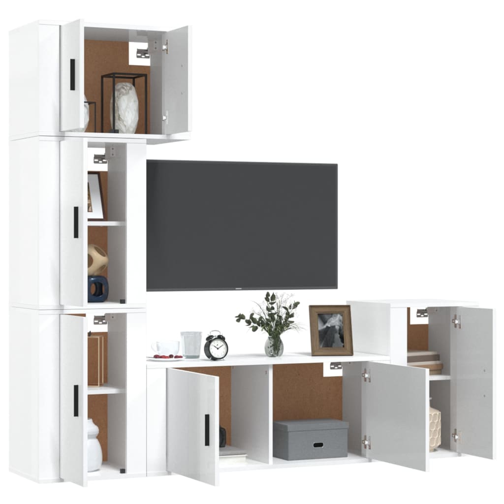 TV cabinet set, 5 pieces, high-gloss white, engineered wood