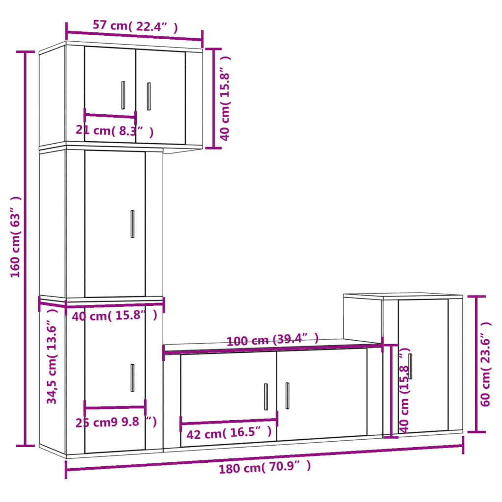 TV cabinet set, 5 pieces, high-gloss white, engineered wood