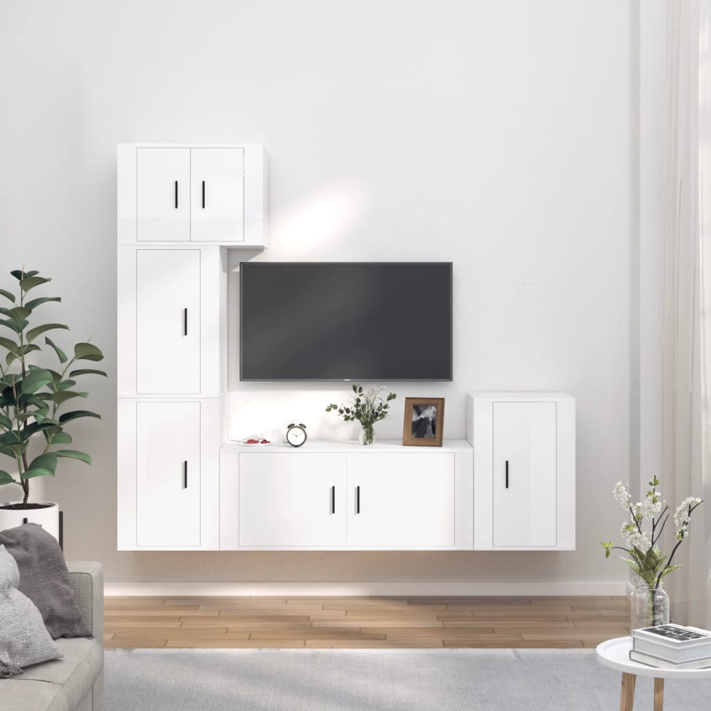 TV cabinet set, 5 pieces, high-gloss white, engineered wood