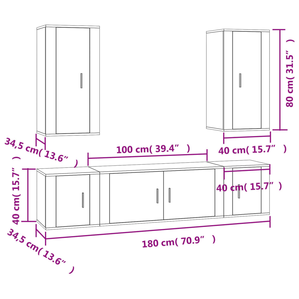 TV cabinet set, 5 pieces, high-gloss white, engineered wood