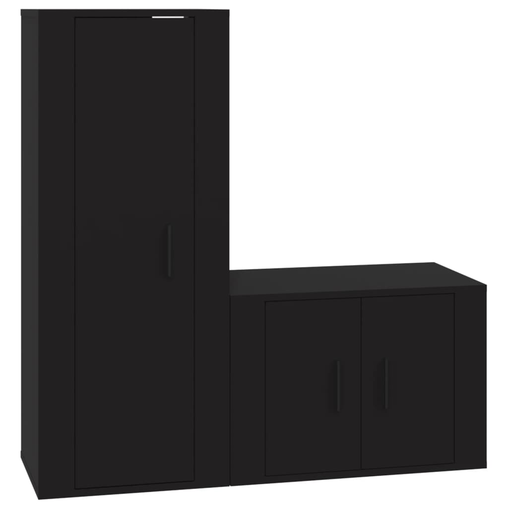 TV cabinet set, 2 pieces, black, engineered wood