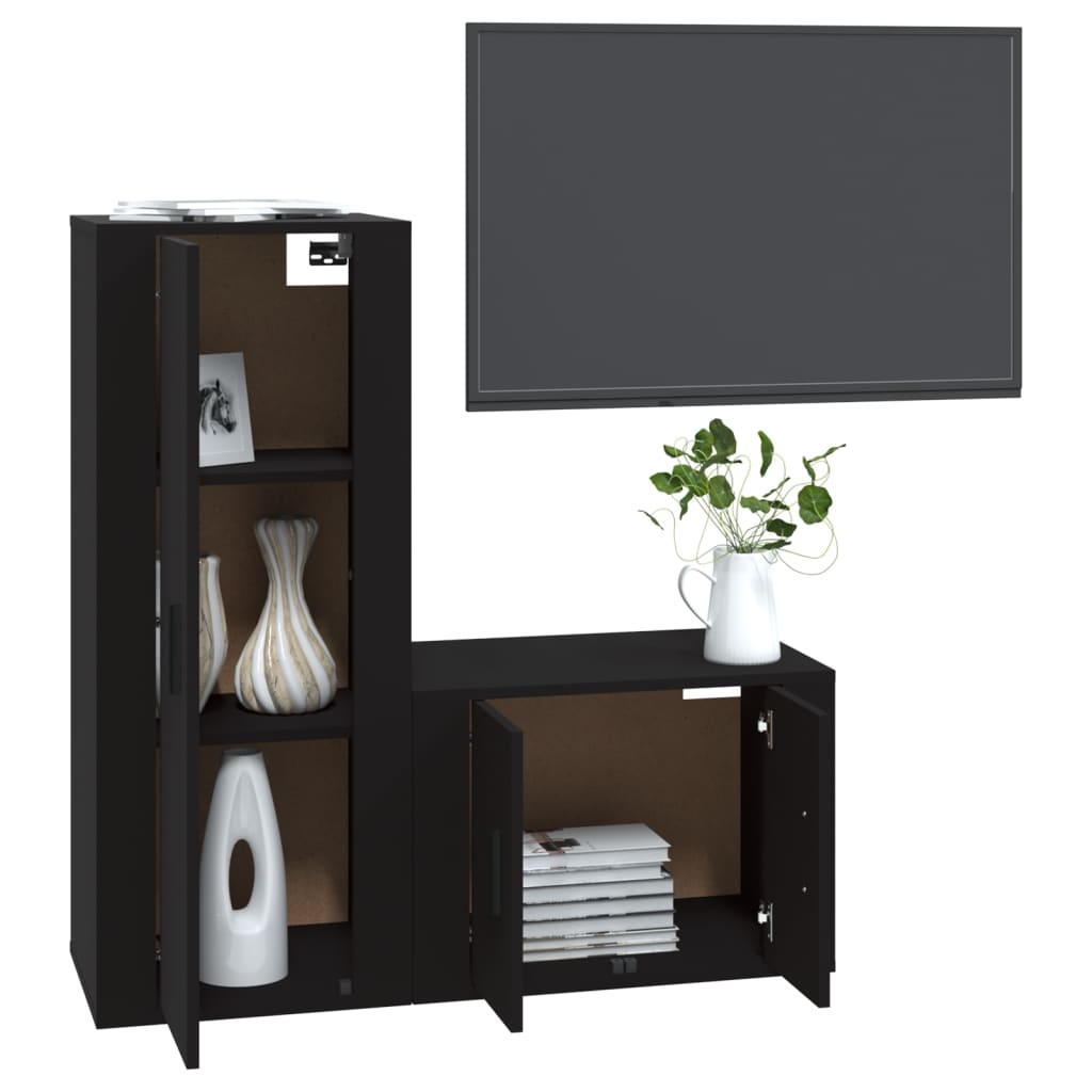 TV cabinet set, 2 pieces, black, engineered wood