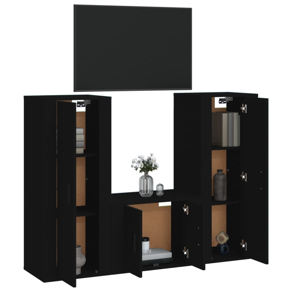 TV cabinet set, 3 pieces, black, engineered wood