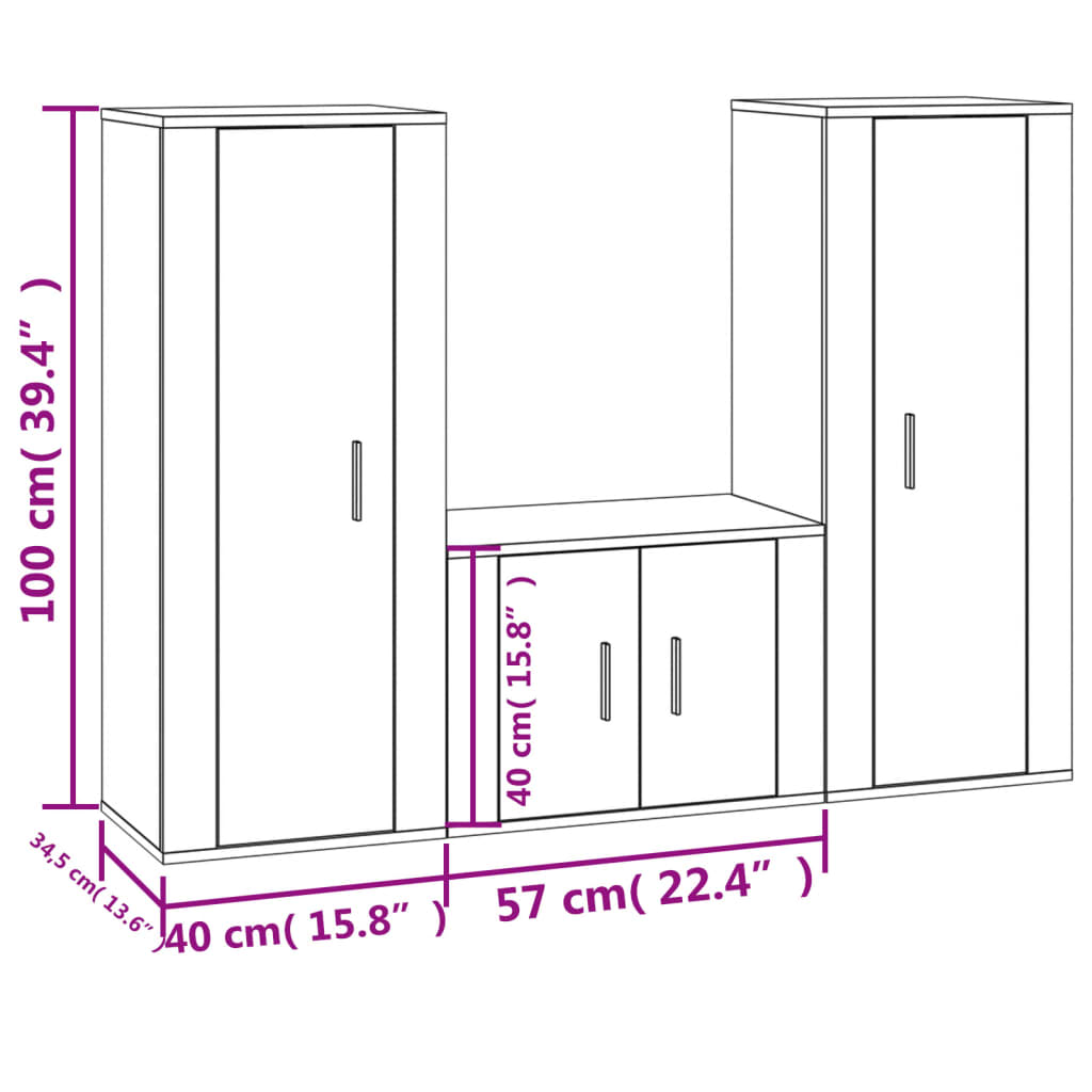 TV cabinet set, 3 pieces, black, engineered wood