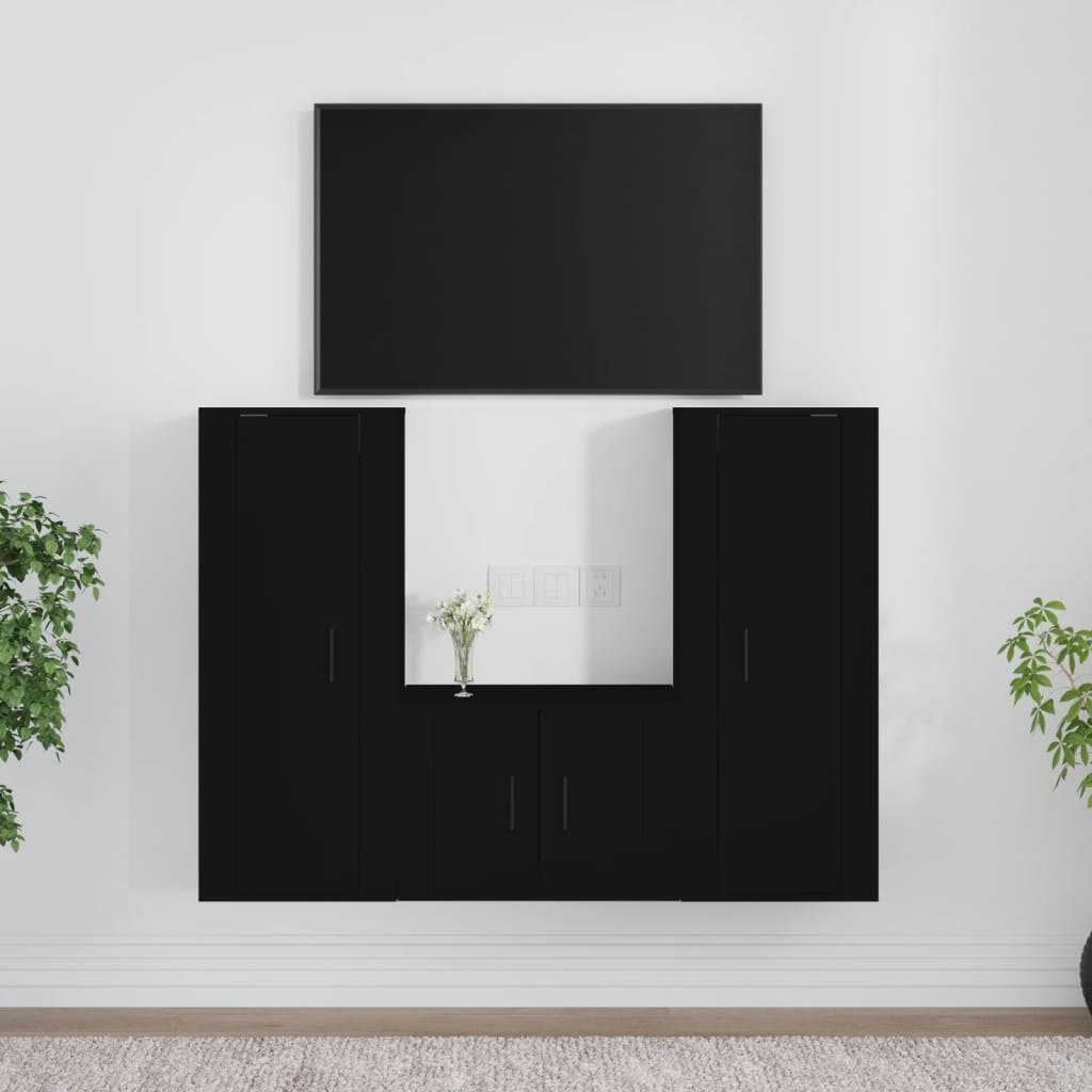 TV cabinet set, 3 pieces, black, engineered wood