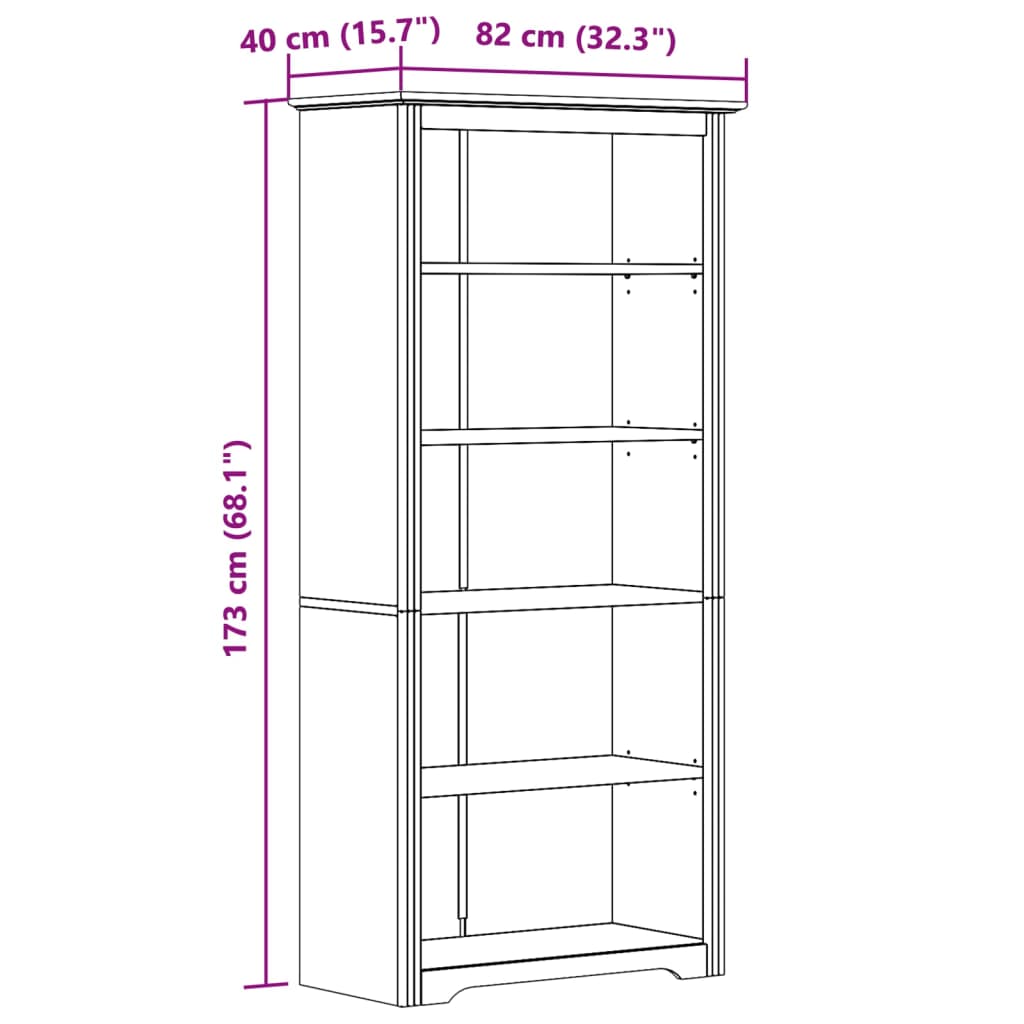 BODO bookcase, gray, 82x40x173 cm, solid pine wood, 5 shelves