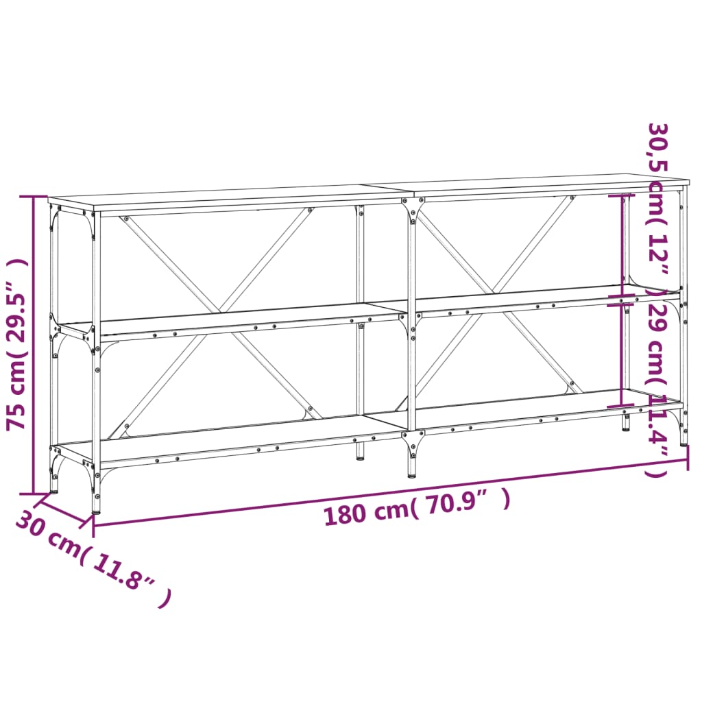 Masă consolă stejar sonoma 180x30x75 cm lemn prelucrat și fier