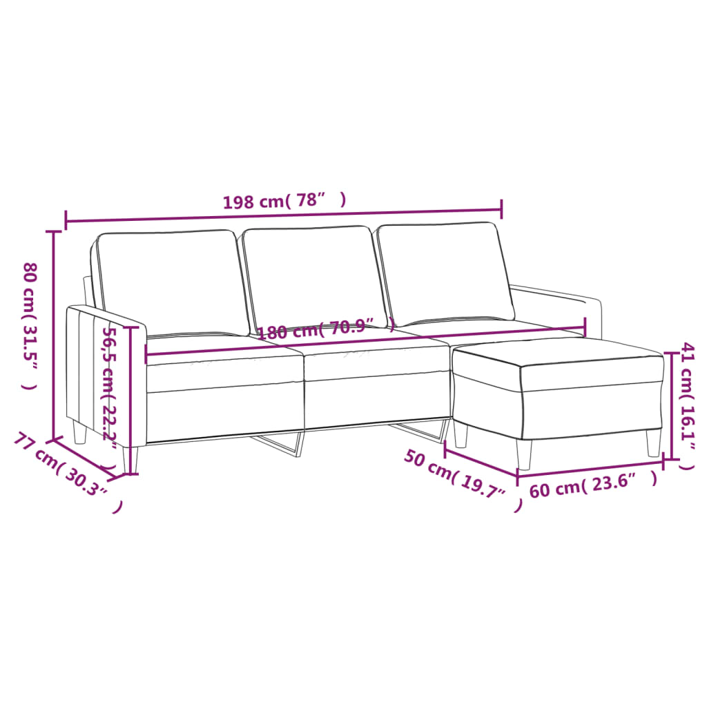 3-seater sofa with stool, cream, 180 cm, velvet