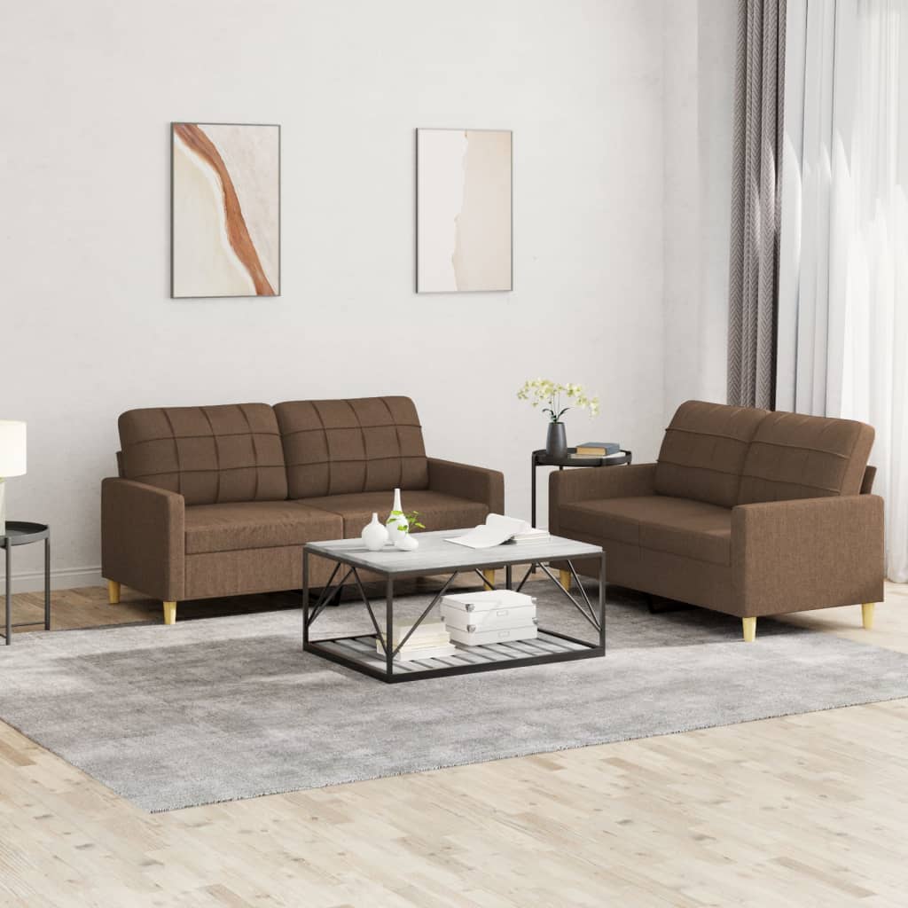 Sofa set with cushions, 2 pieces, brown, textile