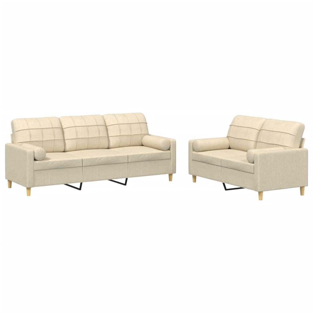 Sofa set with cushions, 2 pieces, cream, fabric