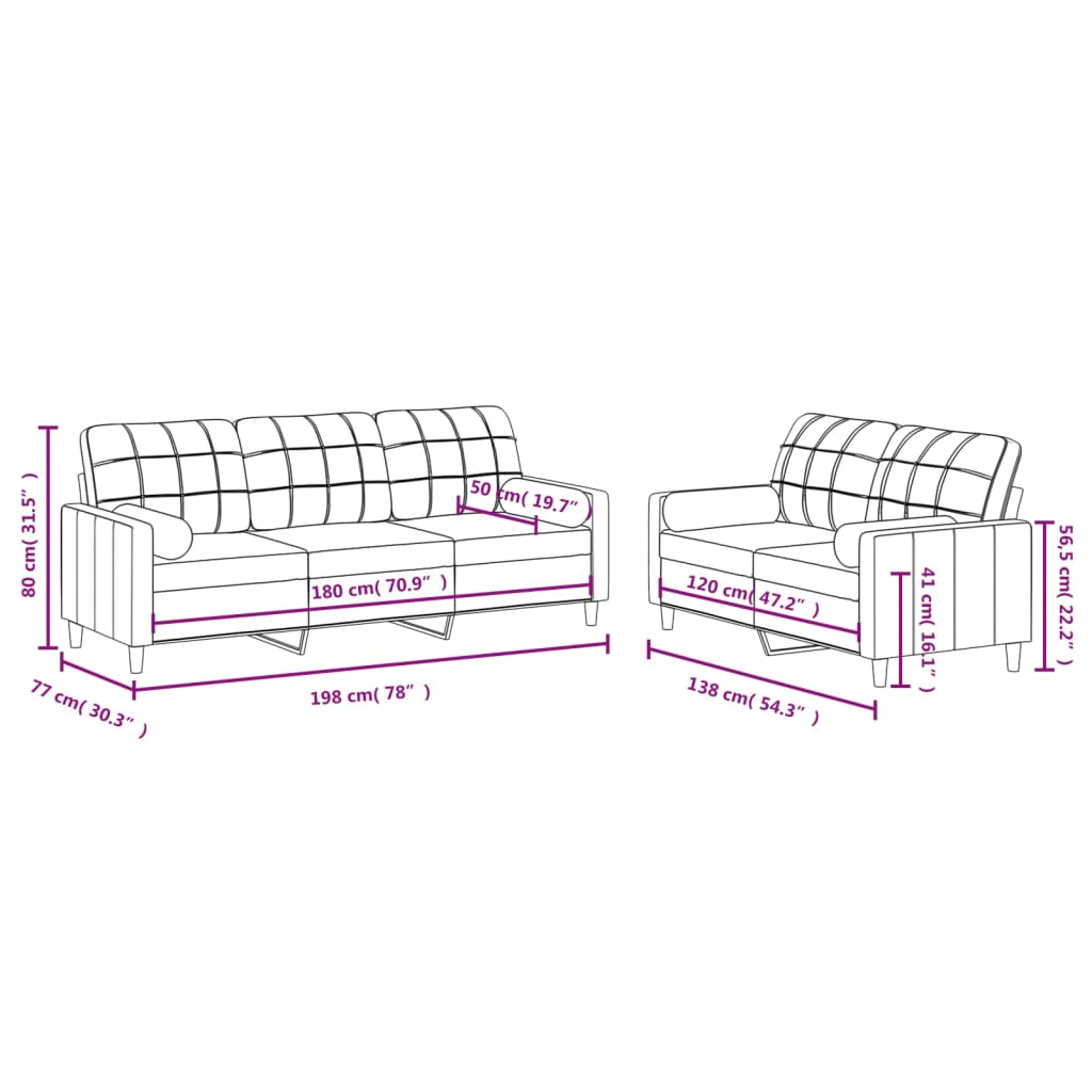 Sofa set with cushions, 2 pieces, cream, fabric