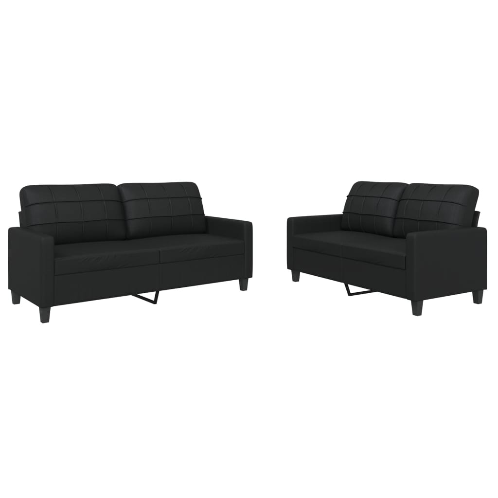 Sofa set with cushions, 2 pieces, black, eco-leather