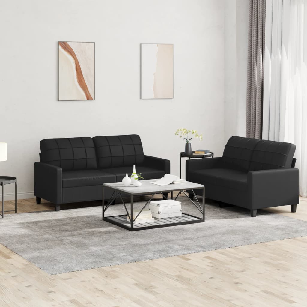 Sofa set with cushions, 2 pieces, black, eco-leather