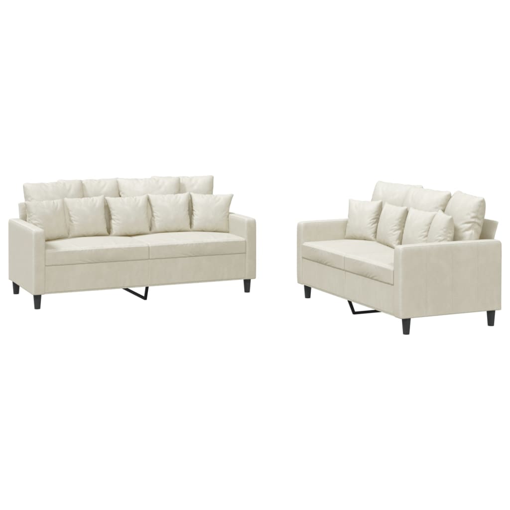 Sofa set with cushions, 2 pieces, cream, velvet