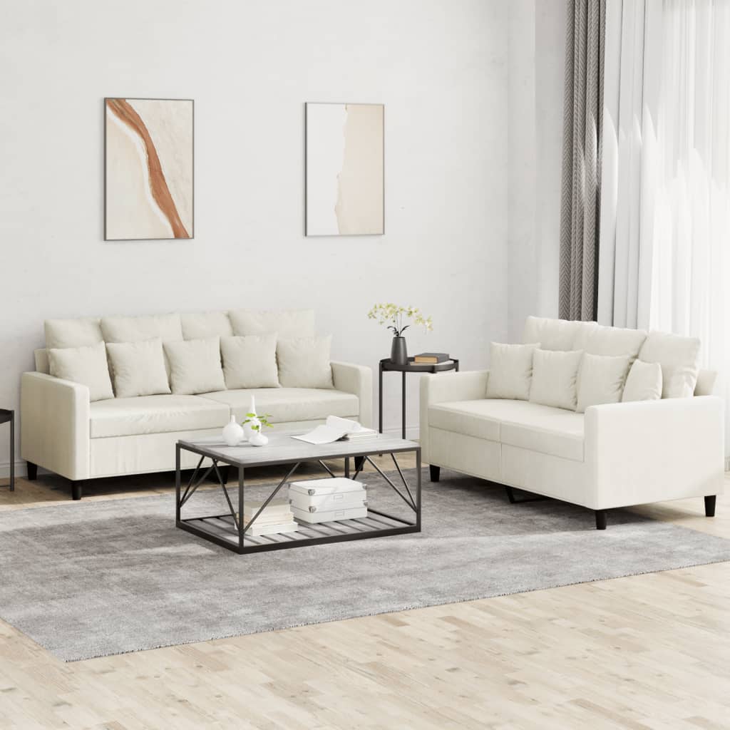 Sofa set with cushions, 2 pieces, cream, velvet