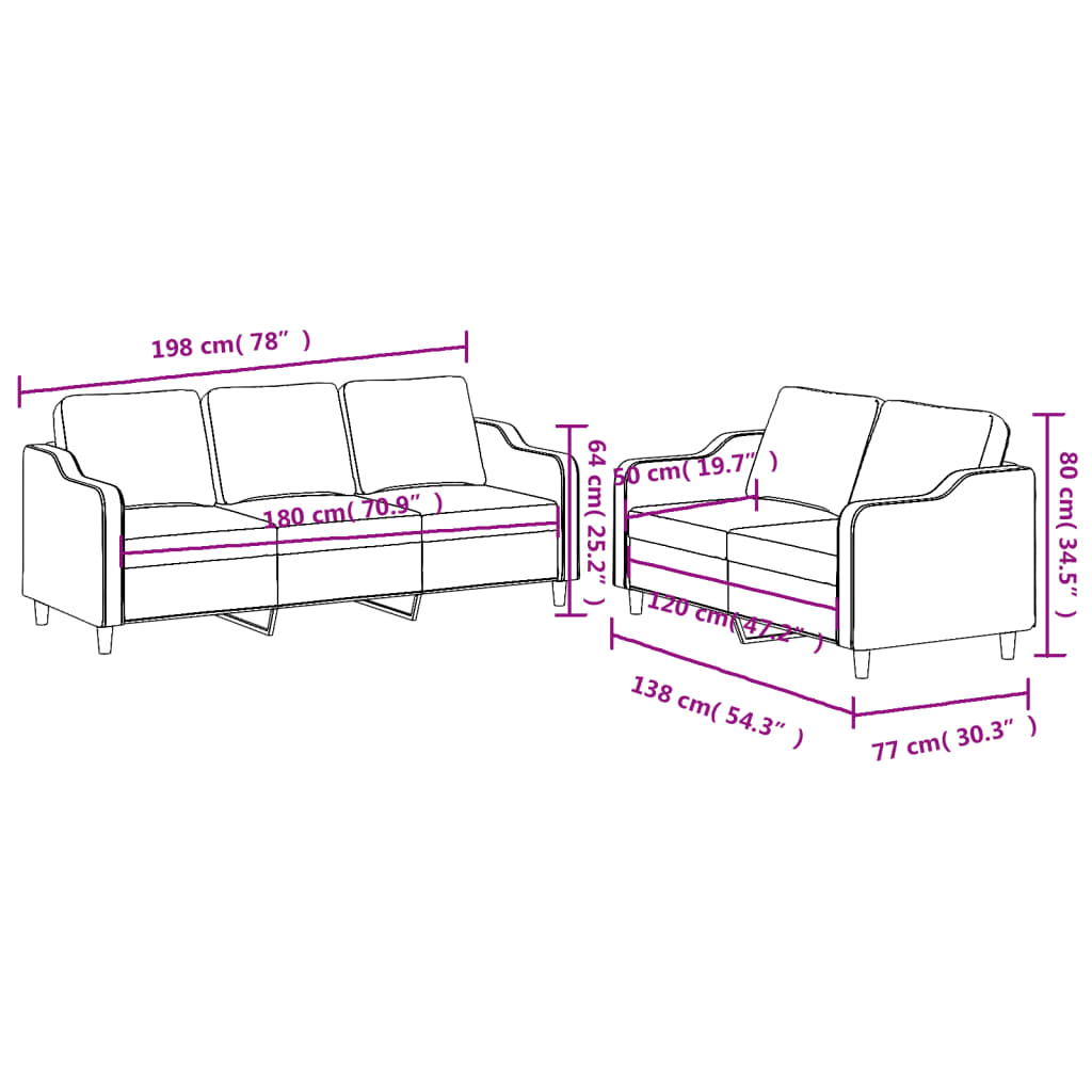 Sofa set with cushions, 2 pieces, taupe grey, fabric