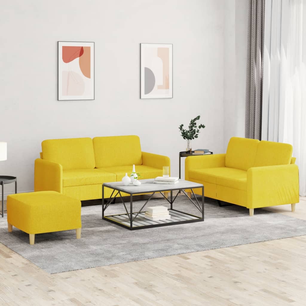 Sofa set with cushions, 3 pieces, light yellow, textile