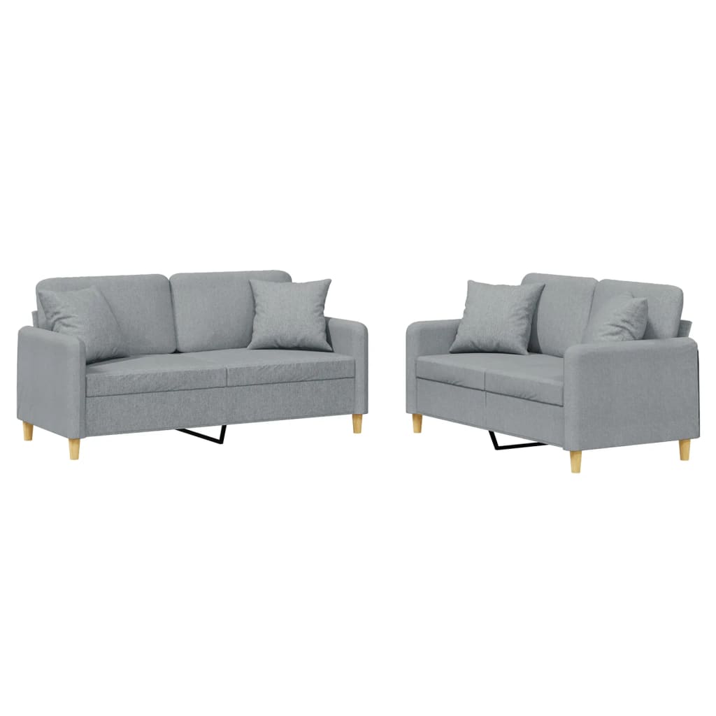 Sofa set with cushions, 2 pieces, light grey, fabric