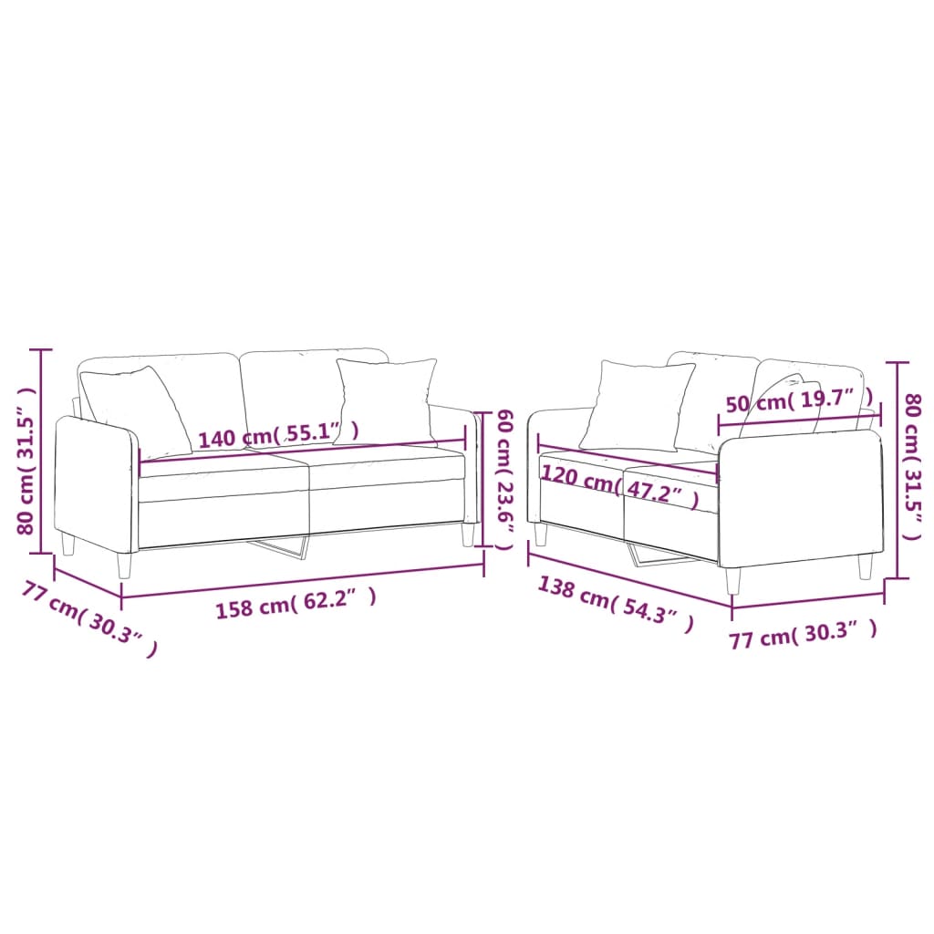 Sofa set with cushions, 2 pieces, light grey, fabric