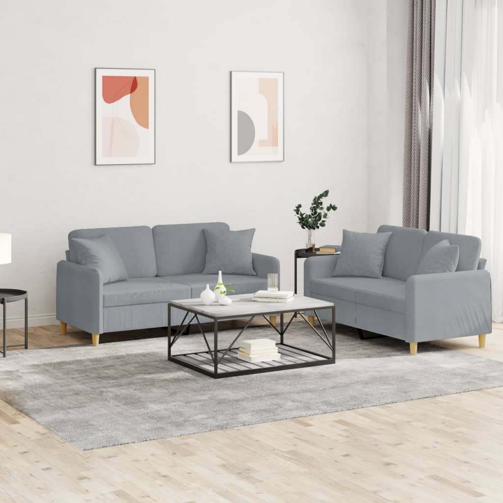 Sofa set with cushions, 2 pieces, light grey, fabric