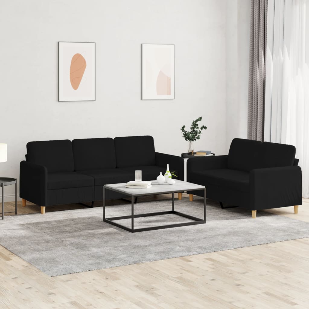 Sofa set with cushions, 2 pieces, black, textile