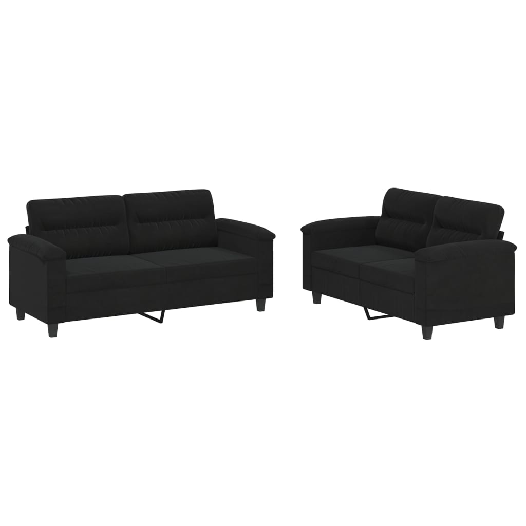 Sofa set with cushions, 2 pieces, black, microfiber