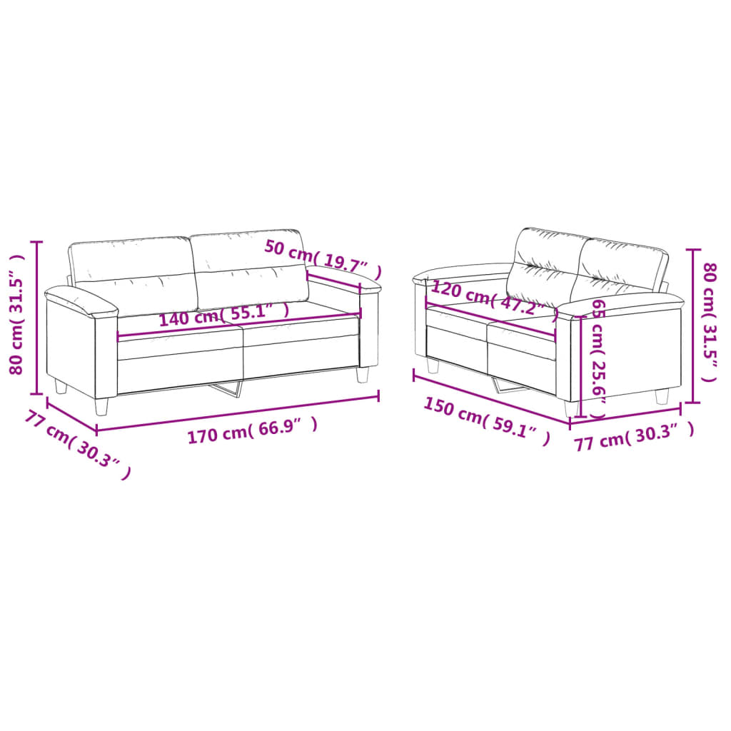 Sofa set with cushions, 2 pieces, black, microfiber