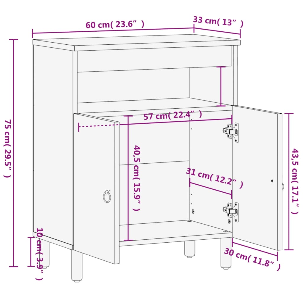 Dulap lateral, 60x33x75 cm, lemn masiv de mango