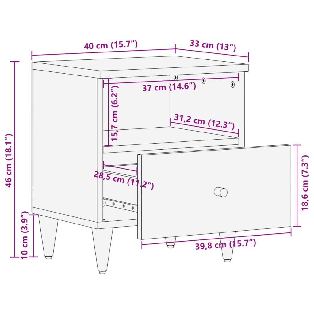 Bedside table, 40x33x46 cm, solid mango wood