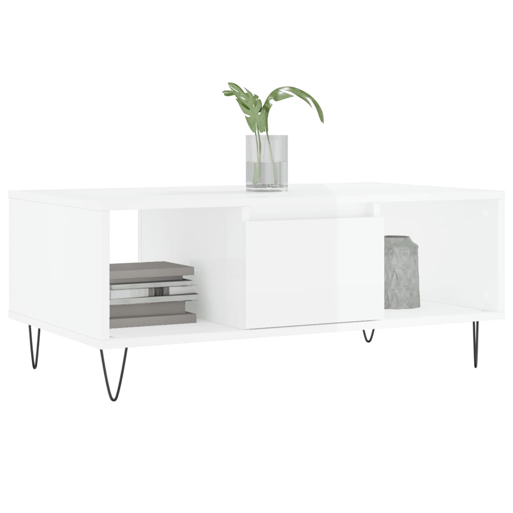 Coffee table, high-gloss white, 90x50x36.5 cm, composite wood