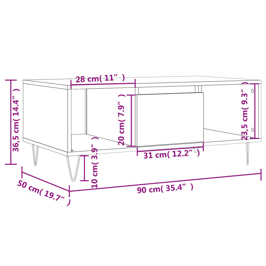 Coffee table, high-gloss white, 90x50x36.5 cm, composite wood