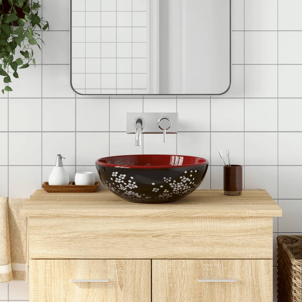 Countertop washbasin, black and red, round, Φ41x14 cm, ceramic