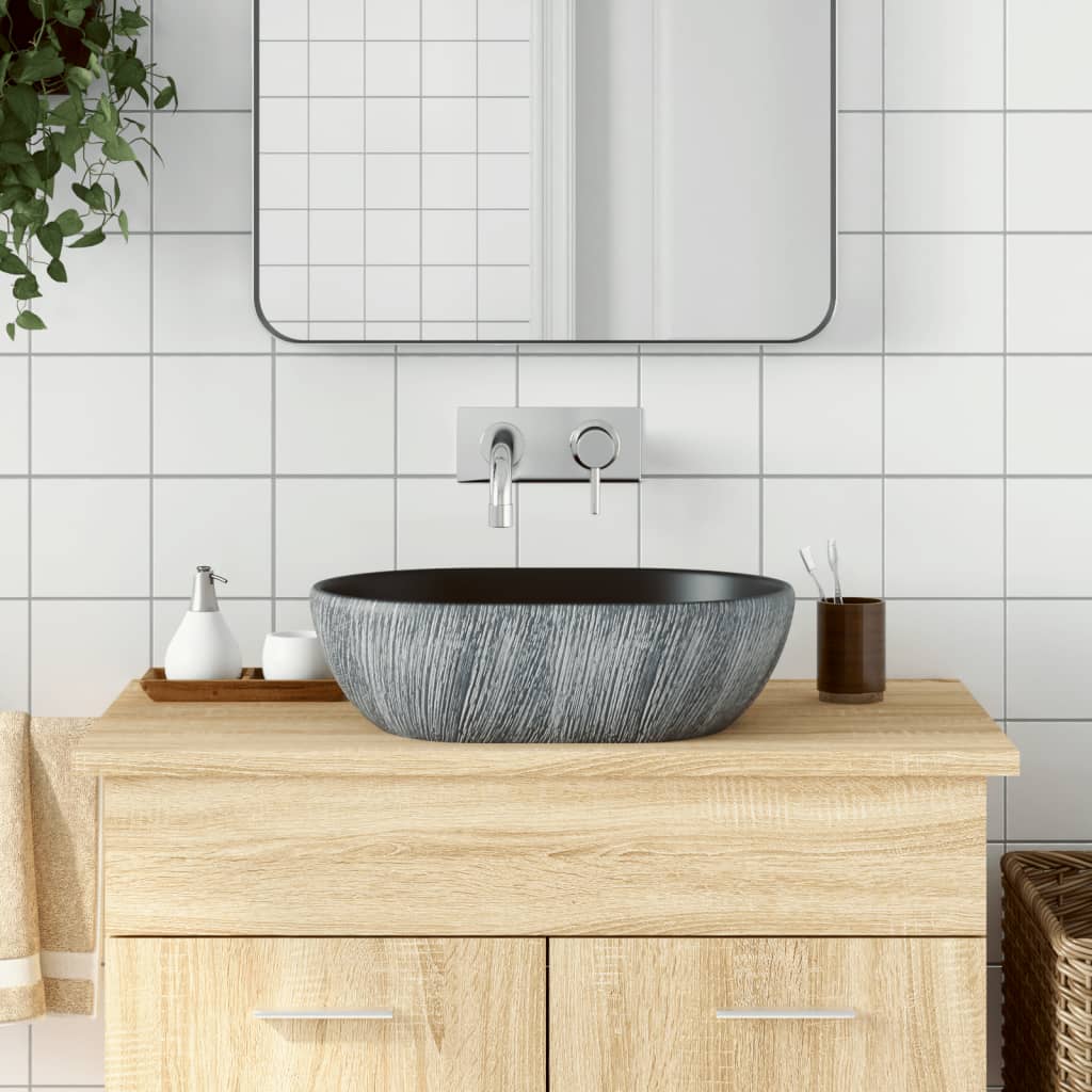 Countertop washbasin, black and gray, 47x33x13 cm, ceramic, oval