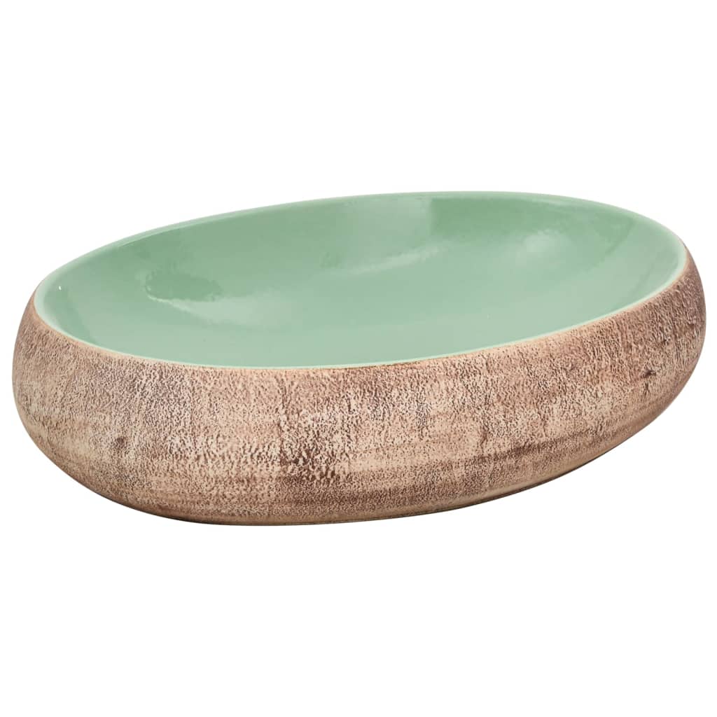 Countertop washbasin, green and brown, 59x40x15 cm, ceramic, oval