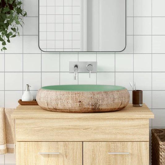 Countertop washbasin, green and brown, 59x40x15 cm, ceramic, oval