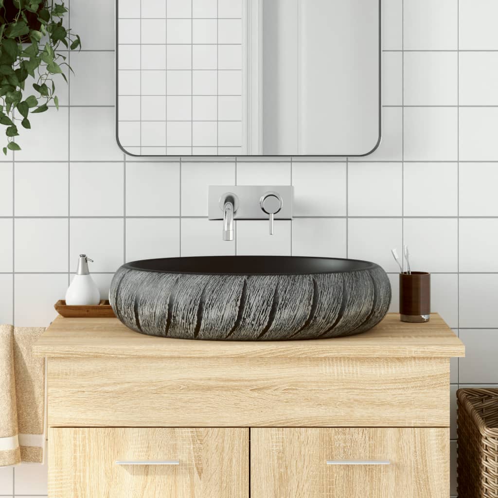 Countertop washbasin, black and gray, 59x40x15 cm, ceramic, oval