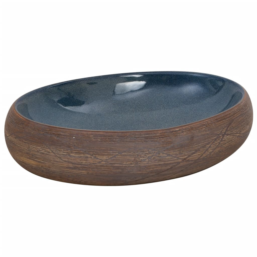 Countertop washbasin, brown and blue, 59x40x15 cm, ceramic, oval